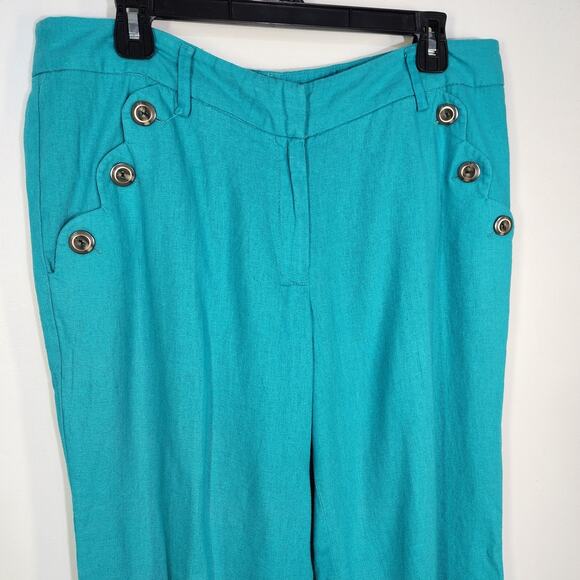 Zac & Rachel Womens Cropped Pants Size 12 Linen Blend Button Detail Pockets Blue - Picture 4 of 9